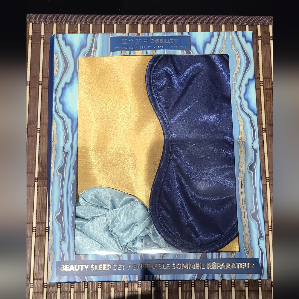 New Beauty Sleep Set X + Y = beauty Satin Hair Scrunch, Eye Mask & Pillow Case